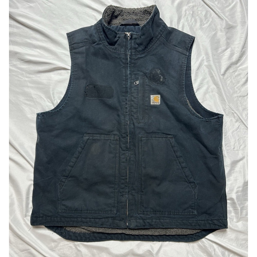 Carhartt Duck Vest Sherpa Lined Black Workwear Faded Distressed 104277 Sz L